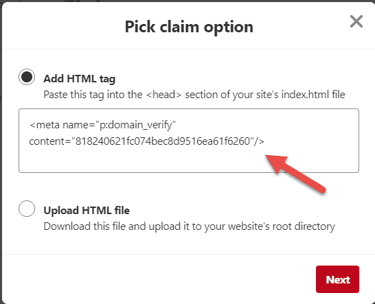 Pinterest verification HTML tag code