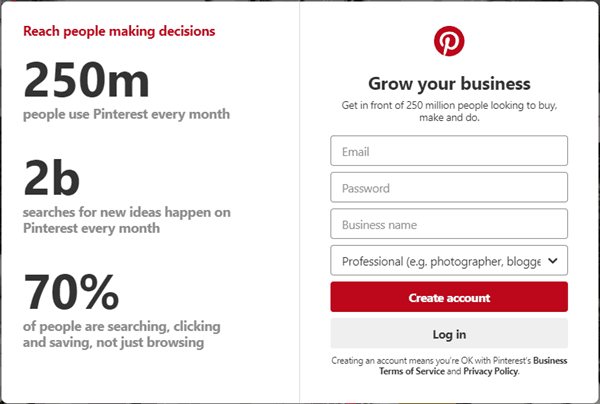 pinterest business page form