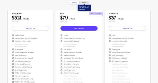 leadpages landing page creator pricing comparison